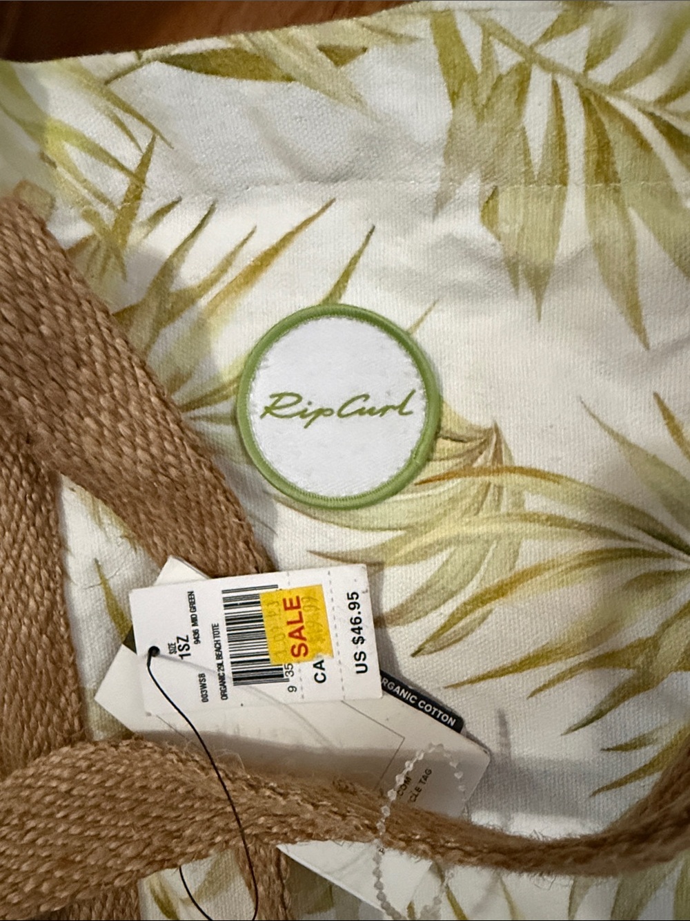 Rip Curl Organic 29L White Beach Tote with Pale Green Tropical Leaf NWT - Picture 3 of 10